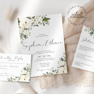Editable Cream Floral Wedding Invitation Set, INSTANT DOWNLOAD, Cream White Roses and Greenery Wedding Invite, Rsvp and Details Card, W76