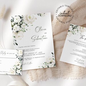 White Floral Wedding Invitation Set, INSTANT DOWNLOAD, Editable Invites with White Roses, Rsvp and Details Card, Printable, W119