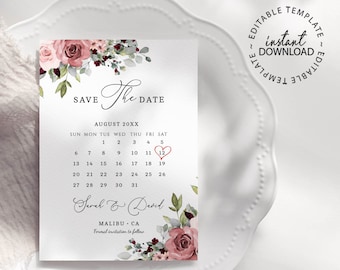 THEA - Editable Save The Date with Calendar, Floral Save our Date Template, INSTANT DOWNLOAD, Printable Month Save the Date, W25