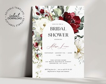 May include: A white card with a floral design in shades of red, white, and green. The text reads "Join us for a Bridal Shower Honoring Alyssa Levine Saturday, August 9th, 20XX 1-4 PM The Levine Home 113 White Mountain Street Brooklyn, NY 11245 RSVP by June 1st, text or call 111-111-1111 Registered at Target and Amazon"