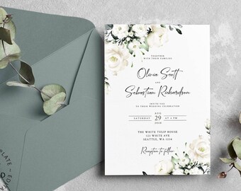 Editable White Floral Wedding Invitation Template, INSTANT DOWNLOAD, Digital or Printable White Roses Wedding Invites, Templett, W119