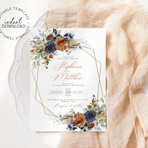 SIA - Editable Burnt Orange and Blue Wedding Invitation, INSTANT DOWNLOAD, Orange Floral Wedding Invite Template, Fall Invites, W208