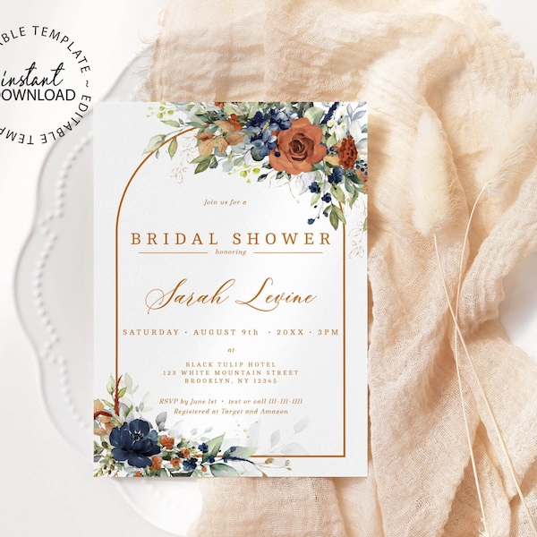 SIA - Bridal Shower Invitation Template, Editable Burnt Orange and Navy Bridal Shower Invite, INSTANT DOWNLOAD, Arch Shower Invite, W208