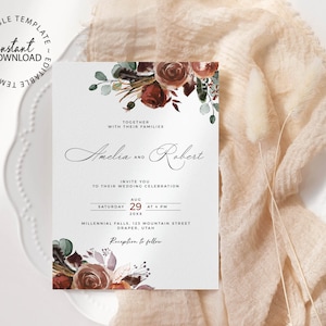 Burnt Orange Wedding Invitation, Rust Floral Wedding Invite Set, RSVP and Details card, Editable Fall Invitations, Autumn Invites, W151