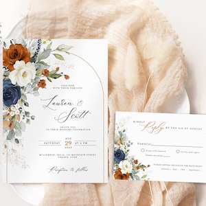 Orange White and Dark Blue Wedding Invitation Template, INSTANT DOWNLOAD, Terracotta Floral Wedding Invite and Rsvp, Orange Invites, W247