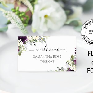 Purple and white floral Place Cards template, INSTANT DOWNLOAD, Flat or fold, Editable, Wedding seating name cards, W21