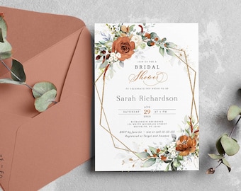 LYRA - Editable Bridal Shower Invitation Template with Burnt Orange and White Flowers, INSTANT DOWNLOAD, Bridal Shower Floral Invite, W179