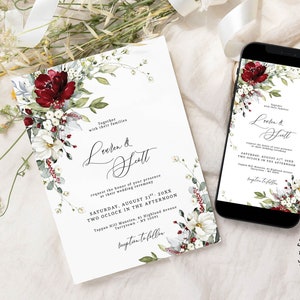 May include: A wedding invitation with a floral design featuring red and white flowers, green leaves, and white berries. The invitation text reads "Together with their families, Lauren & Scott, request the honor of your presence at their wedding ceremony, Saturday, August 21, 20XX, Two O'Clock in the Afternoon, Tarrytown Hill Mansion, 81 Highland Avenue, Tarrytown, NY 10591, Reception to follow."