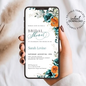 Editable Bridal Shower Digital Invitation Template, Fall Floral Teal Green and Orange Shower Electronic Invite, INSTANT DOWNLOAD, W209
