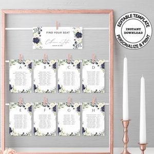 RHEA - Editable Wedding Seating Chart Template with White and Navy Blue Flowers, INSTANT DOWNLOAD, Alphabetical Seating Cards,  W54