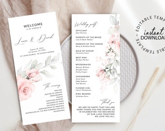 Editable Pale Rose Wedding Program, INSTANT DOWNLOAD, Bridal Party Details Program, Church Ceremony Order, Printable Template, W66