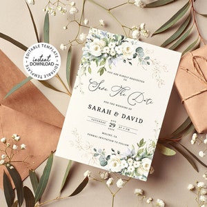ARYA - Editable Ivory White Floral Save the Date Template, INSTANT DOWNLOAD, Printable Wedding Save the Date Cards with White Roses, W79