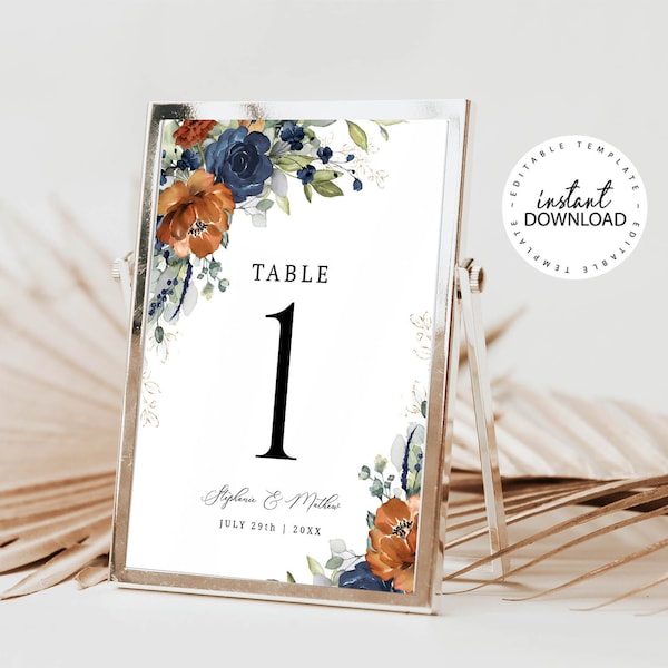 SIA- Editable Wedding Table Number Template, INSTANT DOWNLOAD, Burnt Orange and Blue Floral Table Numbers, 5x7, Printable , w208