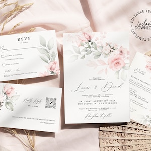 Editable Blush Rose Wedding Invitation Set, RSVP and Details Card, Pale Pink and Green Floral Invite, Invite Template, INSTANT DOWNLOAD, W66