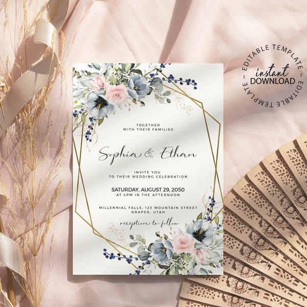 SERENE - Editable Wedding Invitation Template with Blue and Soft Pink Flowers, Print or Send via Sms, Message, Pale Rose Floral Invite, W34