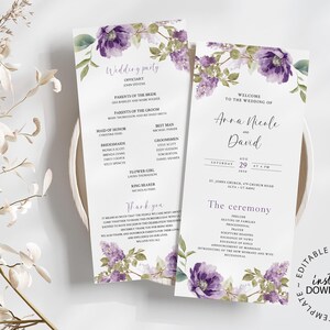 May include: Purple floral wedding program with a watercolor design. The program includes the wedding party, the ceremony order, and a thank you message. The text reads "Wedding party", "Welcome to the wedding of Anna Nicole and David", "The ceremony", and "Thank you".