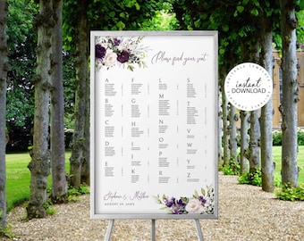 ELLIE - Editable Wedding Seating Chart Template, Purple Floral Seating Plan Poster, INSTANT DOWNLOAD, Wedding Alphabetical Guests List, W129