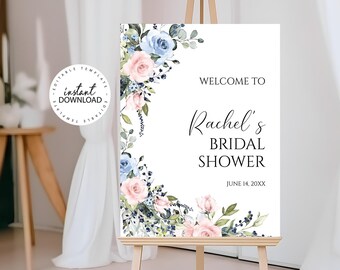 Editable Pink and Blue Bridal Shower Welcome Sign, INSTANT DOWNLOAD, Soft Blue Floral Welcome Poster, Printable Welcome Signs, W164