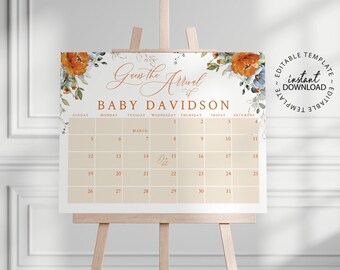 Baby Shower Due Date Calendar, Editable Floral Baby Birth Date Sign, Guess the Arrival Date Sign, Printable Due Date Poster, W193