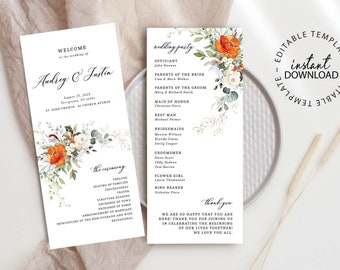 May include: Wedding ceremony program template with a floral design featuring orange and white flowers. The program includes the wedding party, the ceremony order, and a thank you message.