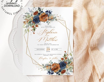 SIA - Editable Burnt Orange and Blue Wedding Invitation, INSTANT DOWNLOAD, Orange Floral Wedding Invite Template, Fall Invites, W208