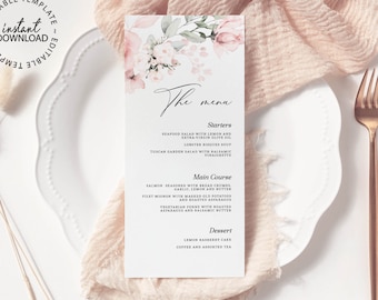 Editable Wedding Menu, Pale Rose Printable Menu for Bridal Showers or Brunches, INSTANT DOWNLOAD, Soft Pink Floral Menu Template, W66