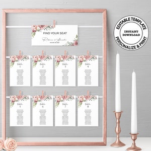 Editable Seating Chart template, INSTANT DOWNLOAD, 4x6 and 5x7 seating chart cards, Blush and dusty red floral seating plan, W17