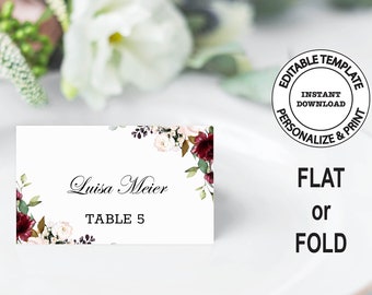 Floral Wedding Place Cards, Editable template, INSTANT DOWNLOAD,Flat or Fold, Burgundy Flowers Place Cards, Red Roses Table Place Cards, W94