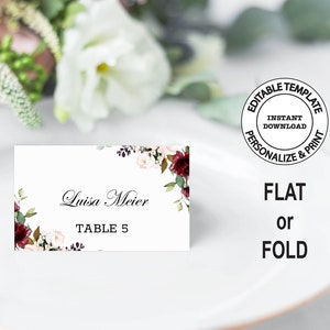 Floral Wedding Place Cards, Editable template, INSTANT DOWNLOAD,Flat or Fold, Burgundy Flowers Place Cards, Red Roses Table Place Cards, W94