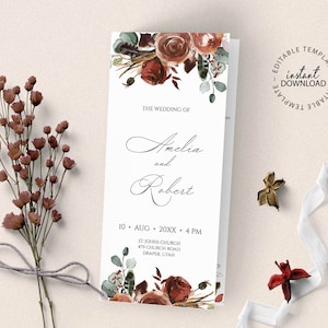 Pode incluir: Um modelo de programa de casamento imprimível com um design floral em aquarela com rosas bordô e blush, folhas de eucalipto e folhagem. O texto diz "O Casamento de Amelia e Robert" com a data e o local da cerimônia.