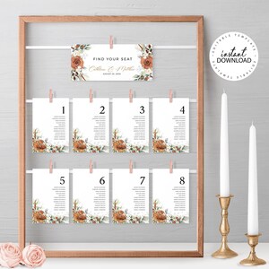 LYRA - Editable Wedding Seating Chart With Cards, Orange Floral Alphabetical Table Plan, INSTANT DOWNLOAD, Wedding Plan Hanging Cards, W179