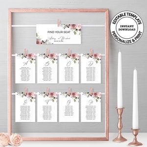 THEA - Editable Wedding Seating Chart With Cards, Floral Alphabetical Seating Chart, INSTANT DOWNLOAD, Printable, Hanging Cards, W25