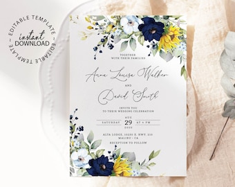 Editable Wedding Invitation with Sunflowers, INSTANT DOWNLOAD, Navy and Yellow Wedding Invite, Printable Sunflower Invitations, W190