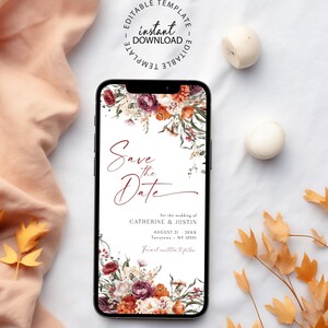 Modèle réservez la date floral d'automne modifiable, réservez la date électronique pour smartphone avec fleurs orange, TÉLÉCHARGEMENT IMMÉDIAT, partage numérique, W274