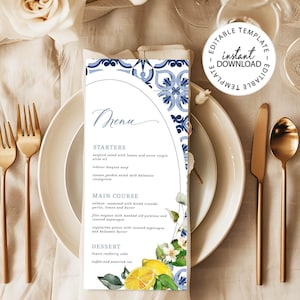 Editable Mediterranean Style Menu, Lemons and Flowers Menu, Yellow and Blue Floral Wedding Menu Template, INSTANT DOWNLOAD, Printable, W216