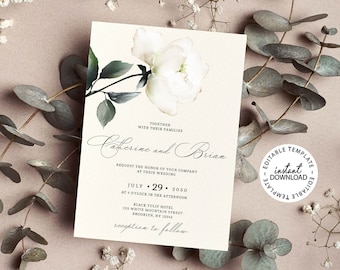 Editable Wedding Invitation Template with a White Rose, INSTANT DOWNLOAD, Printable Floral Wedding Invite, 5"x7", W118