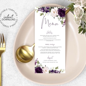 ELLIE - Purple Floral Wedding Menu Template, INSTANT DOWNLOAD, Editable Mauve and pale Rose Menus, Festive Dinner Printable Menu, W129