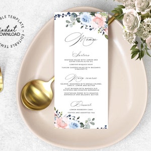 Floral Wedding Menu Card Template, Editable, INSTANT DOWNLOAD, Blush and Blue Roses Printable Bridal Shower Brunch Dinner Menu, W164