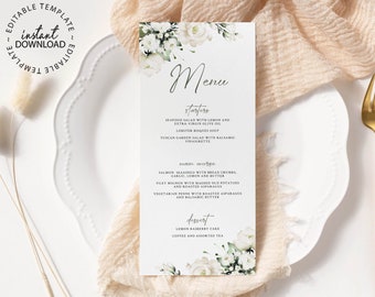 White Floral Wedding Menu, Editable Shower Menu with White Flowers, INSTANT DOWNLOAD, White Roses Wedding Menus, Printable, W119