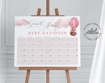 Op de afbeelding: Een roze en witte aquarel baby shower spel met een luchtballon en de tekst "Raad de aankomst van Baby Davidson" en een kalender met de maand maart.