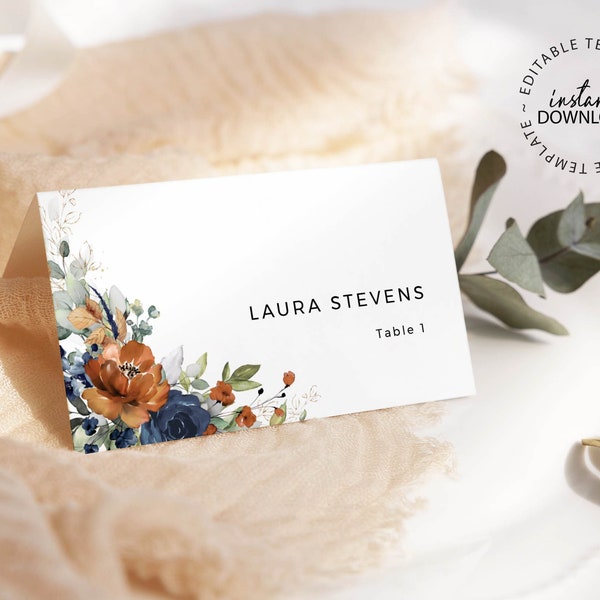 SIA- Floral Wedding Place Cards Template, INSTANT DOWNLOAD, Editable Burnt Orange and Blue Name Cards, Guests Name Cards, W208