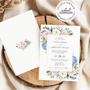 Blue Pink and White Floral Wedding Invitation Template, Editable Hydrangea and Roses Invitation, Printable, W182