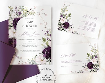 May include: A set of printable baby shower invitations with a floral design in shades of purple and white. The invitation includes the text "Baby Shower" and "Alissa Levine".
