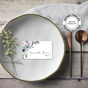 SERENE - Editable Place Cards template with dusty blue and blush flowers, INSTANT DOWNLOAD, Flat or fold, Floral printable place cards, W34