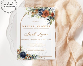 SIA - Bridal Shower Invitation Template, Editable Burnt Orange and Navy Bridal Shower Invite, INSTANT DOWNLOAD, Arch Shower Invite, W208