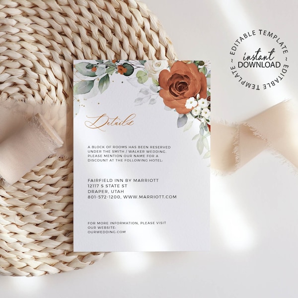 LYRA - Editable Burnt Orange Wedding Details Card Template, INSTANT DOWNLOAD, Terracotta Floral Ceremony Details, Orange Floral Cards, W179