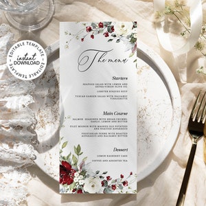 Red and White Floral Wedding Menu Template, INSTANT DOWNLOAD, Editable Bridal Shower Brunch Menus, 4x9", Printable, Festive Dinner Menu, W33