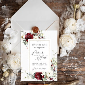 Editable Save The Date Template, Red and White Floral Save the Date Digital, Mobile Save The Date, Print or Share via Sms, Email, W33