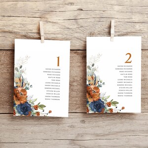 SIA - Editable Wedding Seating Chart With Cards, Burnt Orange and Blue Floral Table Plan, INSTANT DOWNLOAD, Fall Wedding Hanging Cards, W208