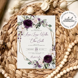 ELLIE - Editable Purple and Faux Gold Geometric Floral Wedding Invitation, INSTANT DOWNLOAD, Plum Purple Wedding Invite, W129